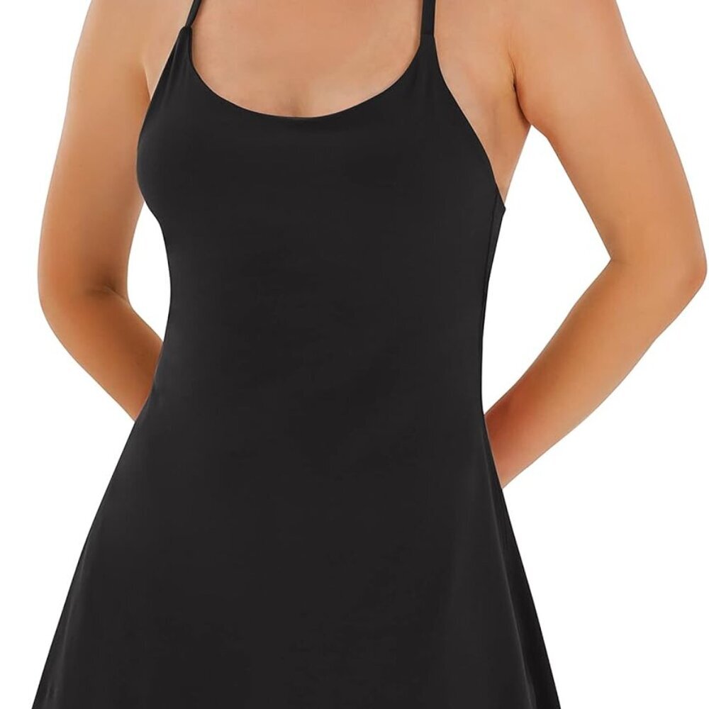Black Women's Athletic Tennis Dress with Built-in Shorts & Removable Bra, Flatte
